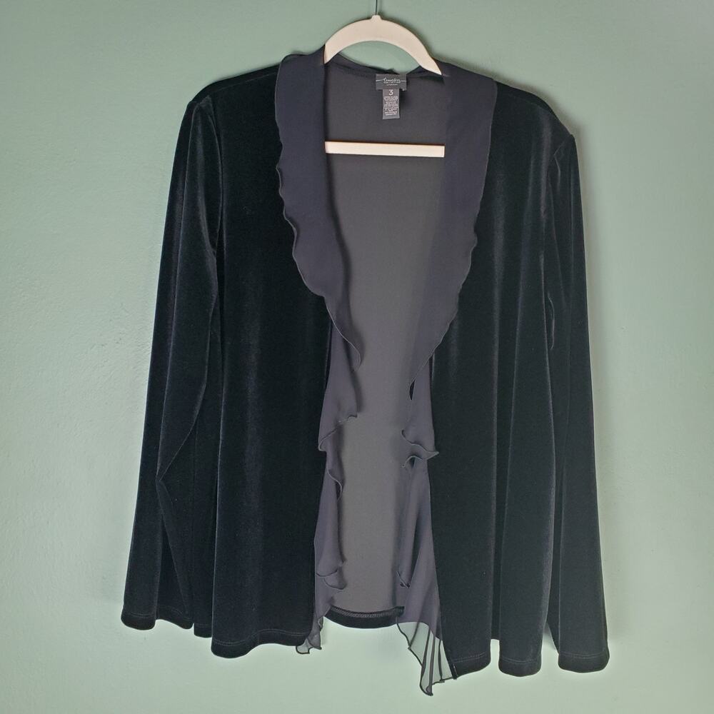 Chico's Travelers Womens Black Ruffle Chiffon Trim Velour Jacket Size 3